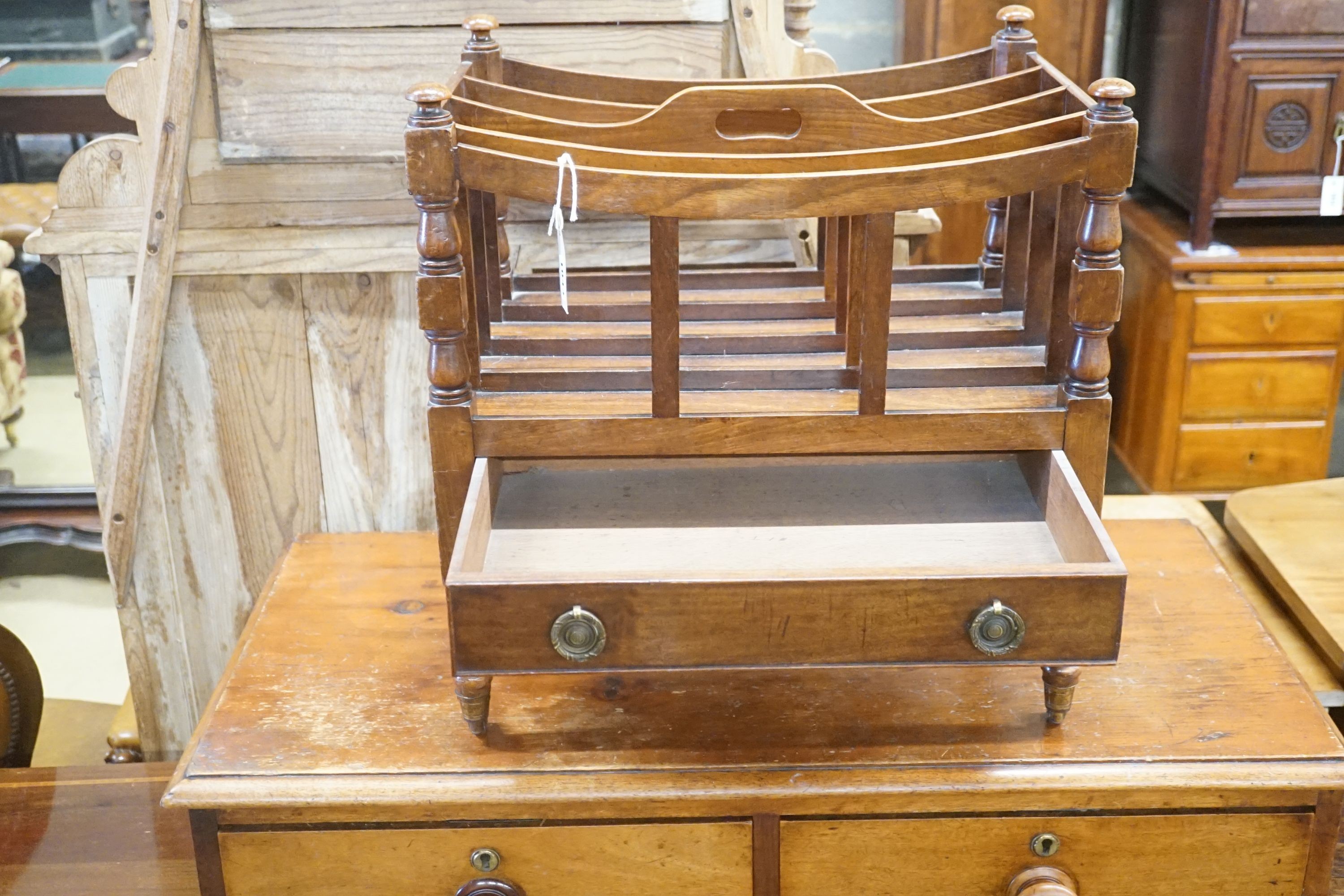 A Regency style mahogany four division Canterbury with single drawer, width 50cm depth 36cm height 53cm